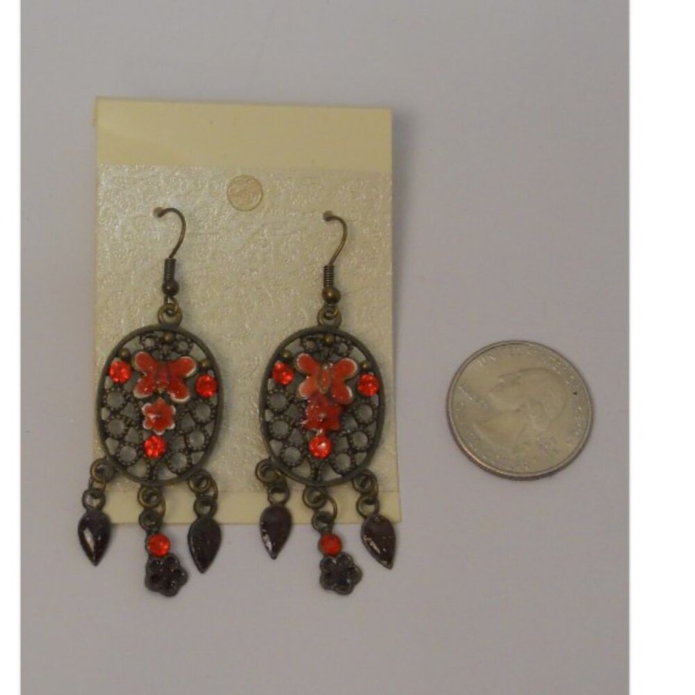 Women Earrings Drop Dangle Red Rhinestones Brassy Gold Tones Hook Fasteners